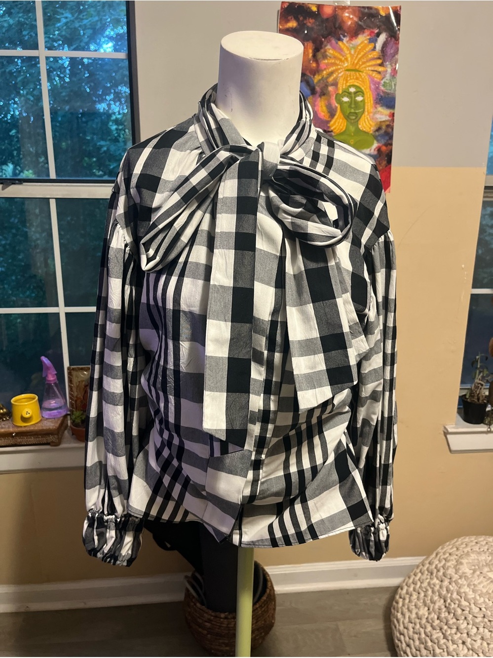 Zara Black & White Plaid Bow-Tie Blouse - Women's Top Cottagecore Coquette